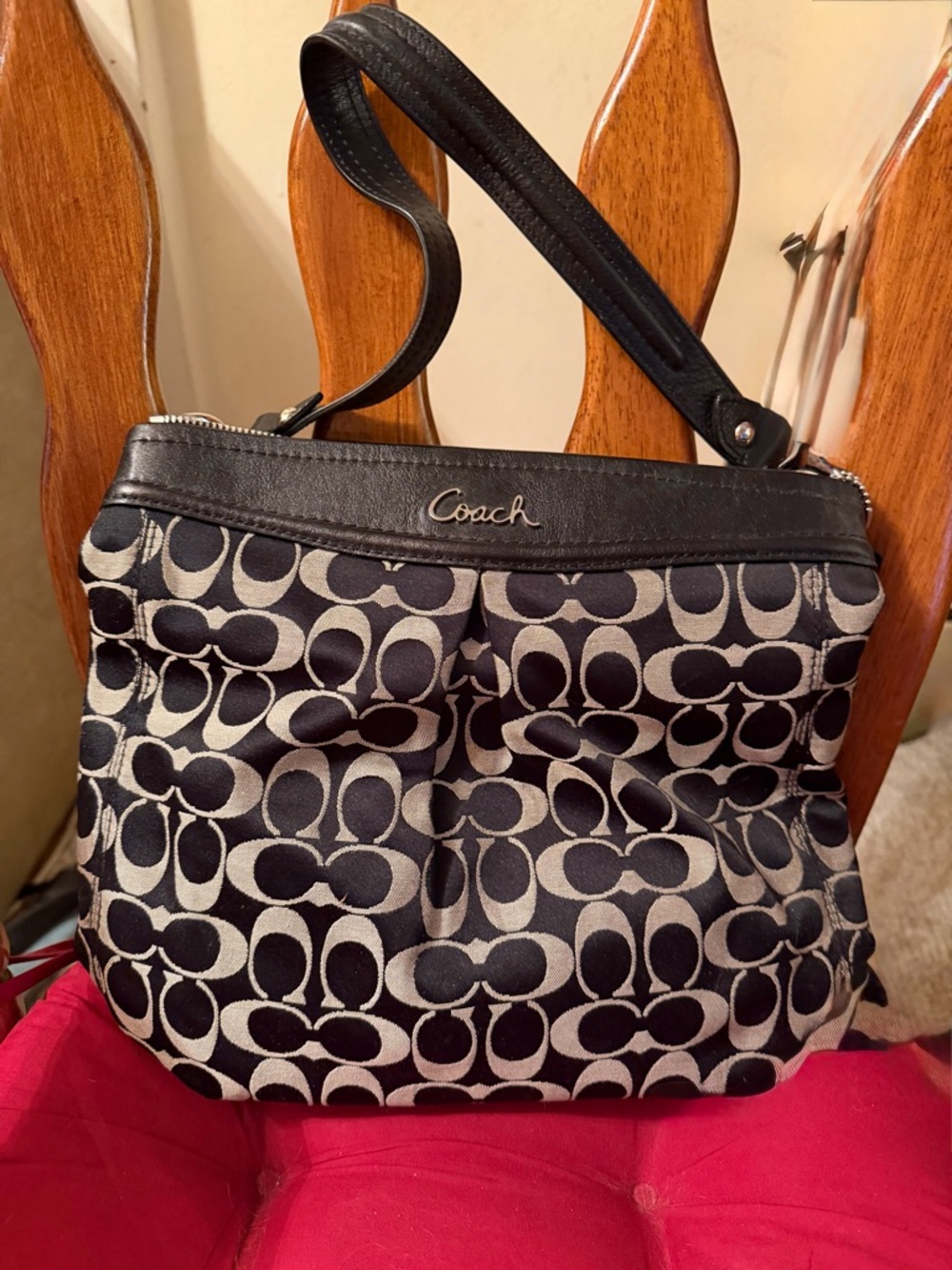 Coach Black & Ivory Signature Canvas Shoulder Bag